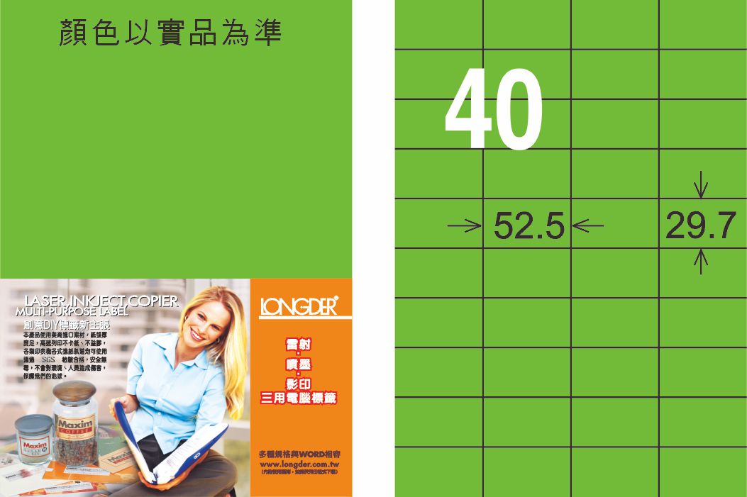 龍德 LD-870-FG-C A4雷射影印標籤 螢光綠 / 包