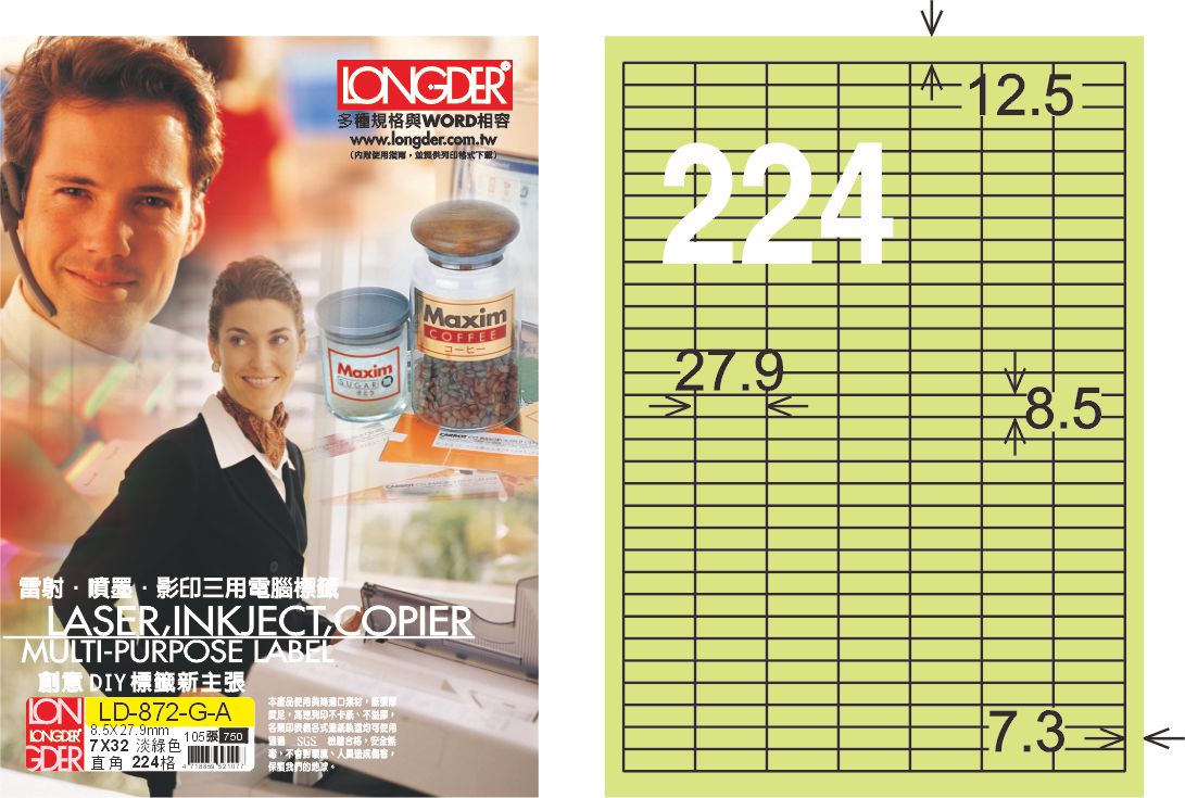 龍德 LD-872-G-A A4三用電腦標籤 淺綠色 / 盒